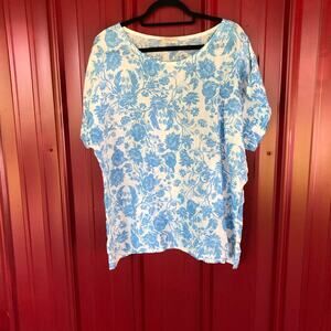 Bellambia Top Italy 100% Linen Blue White Floral‎ Sz L Short Sleeve Lightweight